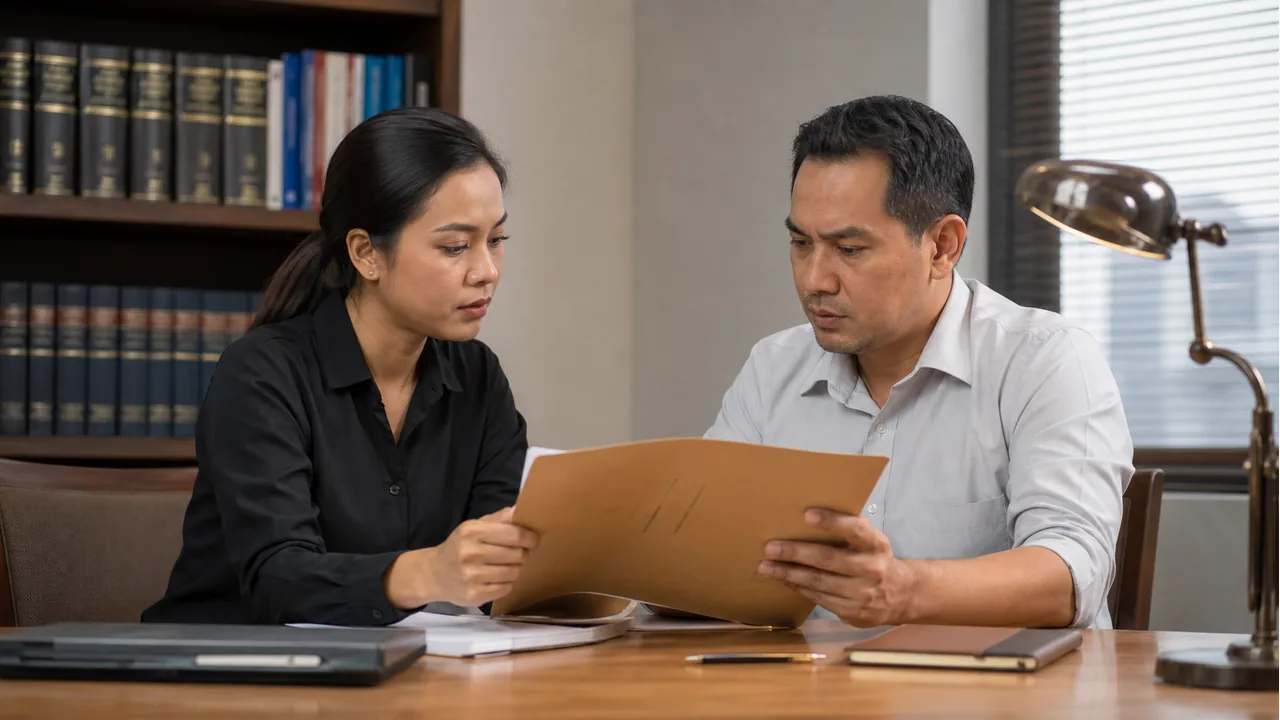 Diskusi legalitas investigasi pribadi antara detektif dan klien di kantor profesional