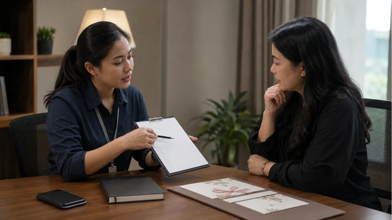 Detektif perempuan menjelaskan checklist background check pasangan kepada klien