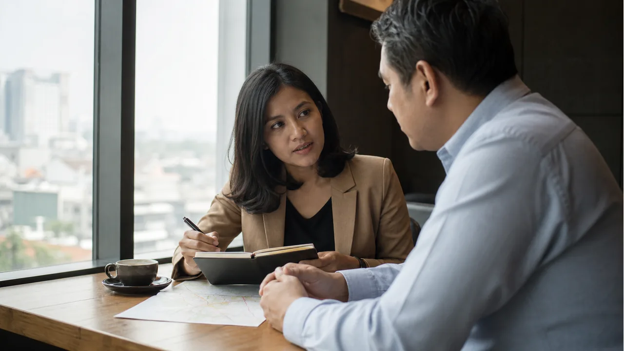 Detektif perempuan berdiskusi rahasia dengan klien di ruang konsultasi Jakarta