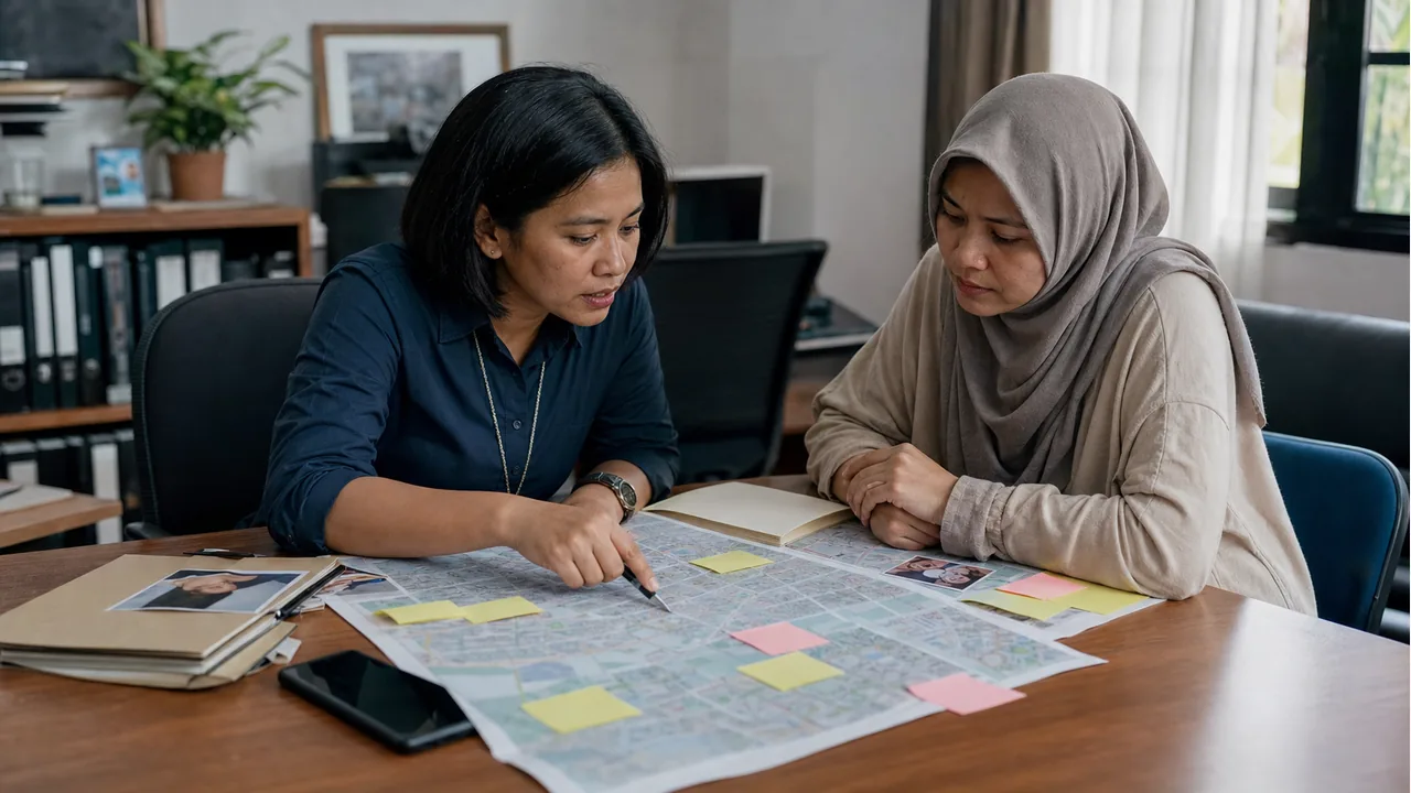 Detektif perempuan dan keluarga meninjau peta serta kronologi orang hilang kontak